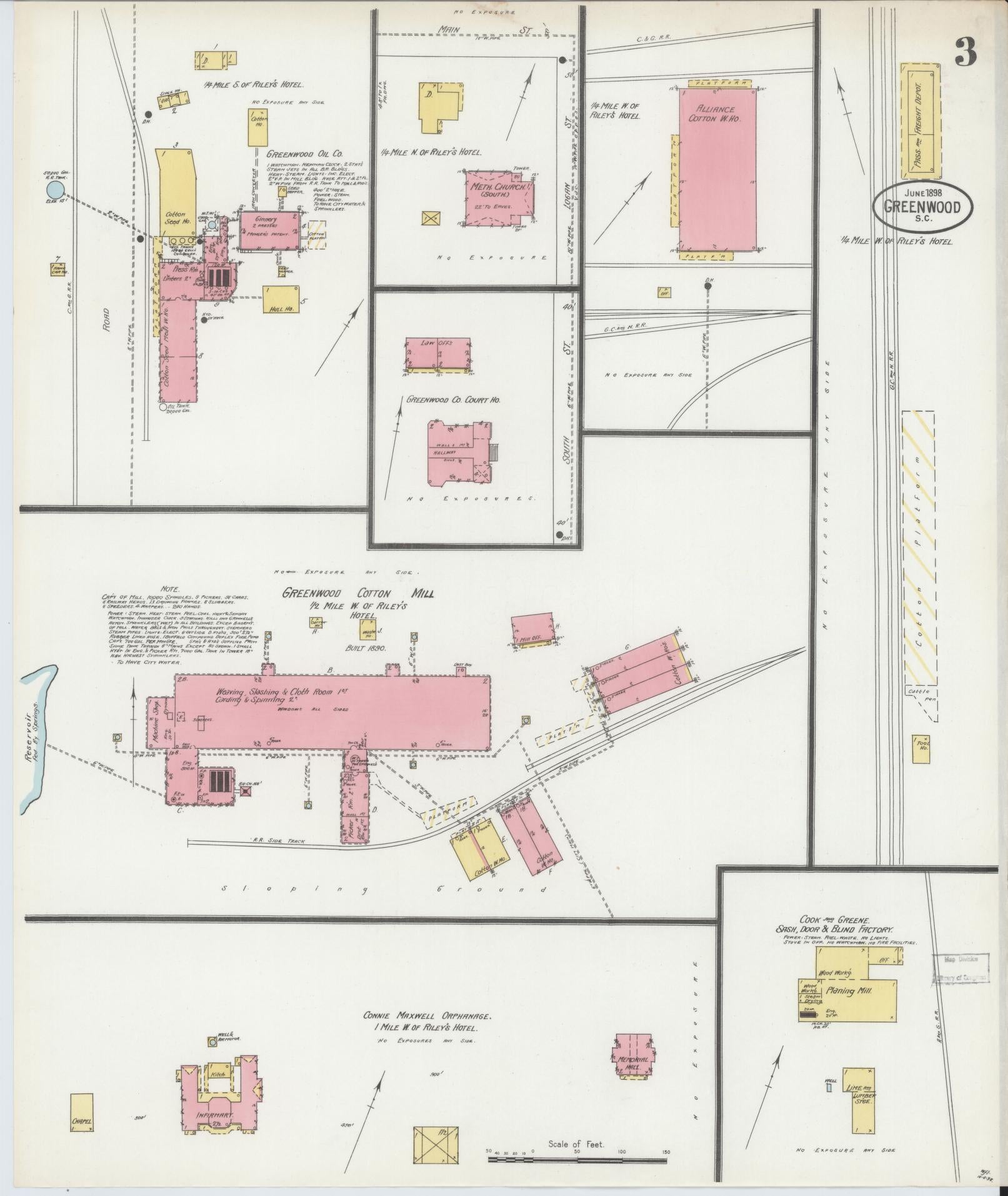Sanborn Fire Insurance Map from Greenwood, Greenwood County, South Carolina (1898), Sheet #0003 - Historic Sanborn Fire Insurance Map Print, vintage old map wall art, antique decor, genealogy gift, South Carolina South Carolina map