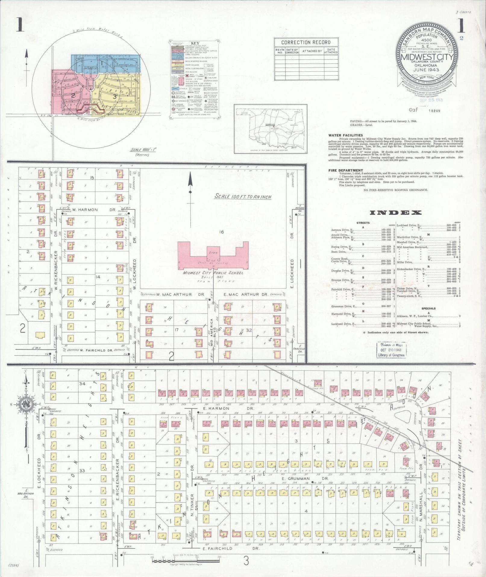 Sanborn Fire Insurance Map from Midwest City, Oklahoma County, Oklahoma (1943), Sheet #0001 - Historic Sanborn Fire Insurance Map Print, vintage old map wall art, antique decor, genealogy gift, Midwest City Oklahoma map