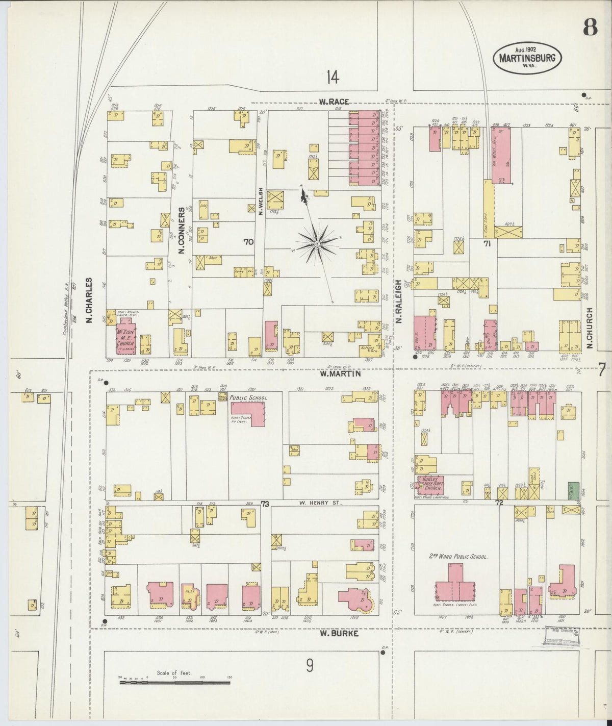 Sanborn Fire Insurance Map from Martinsburg, Berkeley County, West Virginia (1902), Sheet #0008 - Historic Sanborn Fire Insurance Map Print, vintage old map wall art, antique decor, genealogy gift, West Virginia West Virginia map