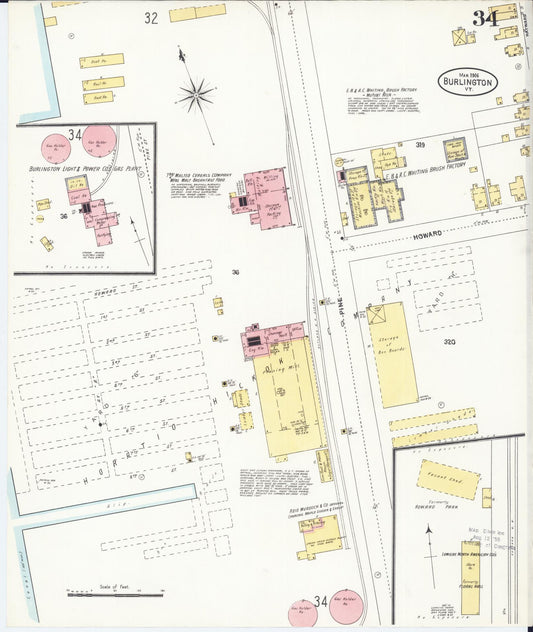 Sanborn Fire Insurance Map from Burlington, Chittenden County, Vermont (1906), Sheet #0034 - Historic Sanborn Fire Insurance Map Print, vintage old map wall art, antique decor, genealogy gift, Vermont Vermont map