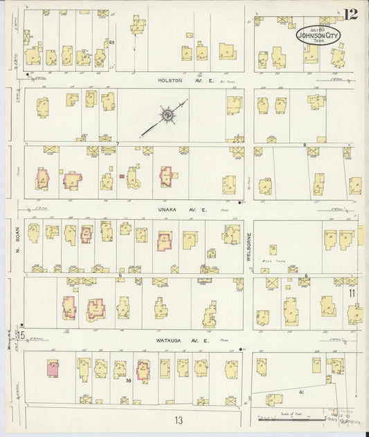 Sanborn Fire Insurance Map from Johnson City, Washington County, Tennessee (1913), Sheet #0012 - Historic Sanborn Fire Insurance Map Print, vintage old map wall art, antique decor, genealogy gift, Tennessee Tennessee map