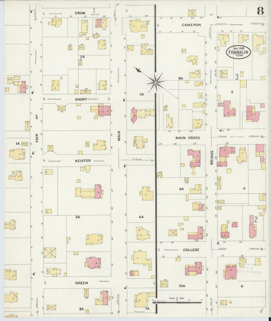 Sanborn Fire Insurance Map from Franklin, Williamson County, Tennessee (1908), Sheet #0008 - Historic Sanborn Fire Insurance Map Print, vintage old map wall art, antique decor, genealogy gift, Tennessee Tennessee map