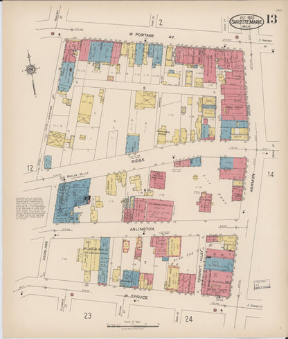 Sanborn Fire Insurance Map from Sault Sainte Marie, Chippewa County, Michigan (1922), Sheet #0013 - Historic Sanborn Fire Insurance Map Print, vintage old map wall art, antique decor, genealogy gift, Michigan Michigan map