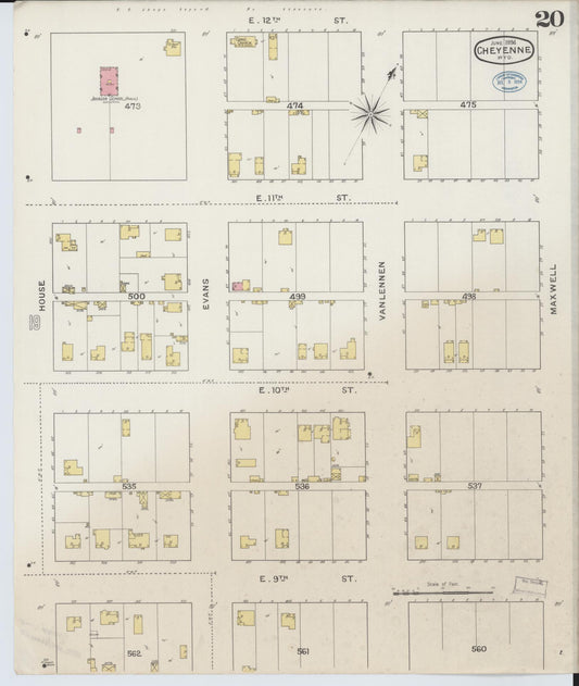Sanborn Fire Insurance Map from Cheyenne, Laramie County, Wyoming (1894), Sheet #0020 - Historic Sanborn Fire Insurance Map Print, vintage old map wall art, antique decor, genealogy gift, Wyoming Wyoming map