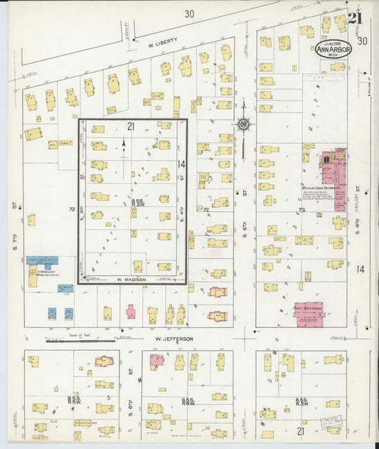 Sanborn Fire Insurance Map from Ann Arbor, Washtenaw County, Michigan (1916), Sheet #0021 - Historic Sanborn Fire Insurance Map Print, vintage old map wall art, antique decor, genealogy gift, Michigan Michigan map