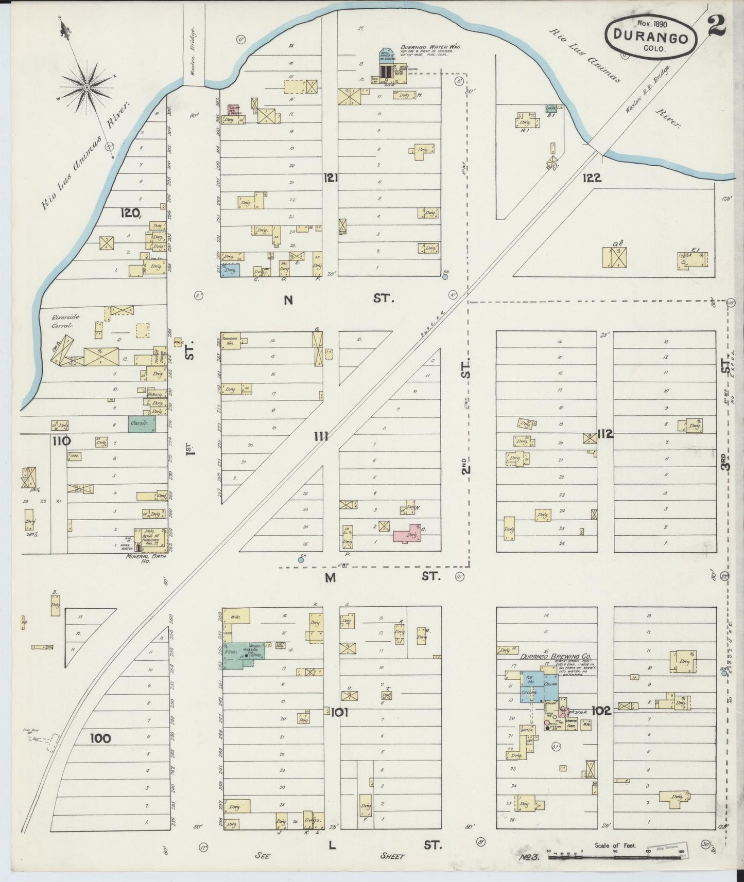Sanborn Fire Insurance Map from Durango, La Plata County, Colorado (1890), Sheet #0002 - Historic Sanborn Fire Insurance Map Print, vintage old map wall art, antique decor, genealogy gift, Colorado Colorado map