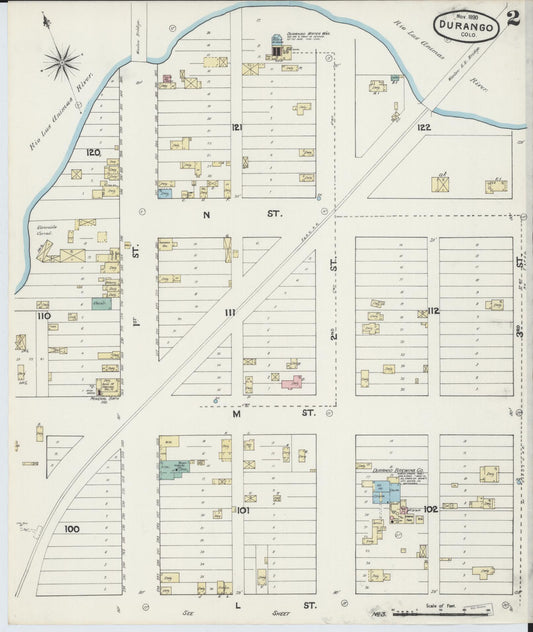 Sanborn Fire Insurance Map from Durango, La Plata County, Colorado (1890), Sheet #0002 - Historic Sanborn Fire Insurance Map Print, vintage old map wall art, antique decor, genealogy gift, Colorado Colorado map