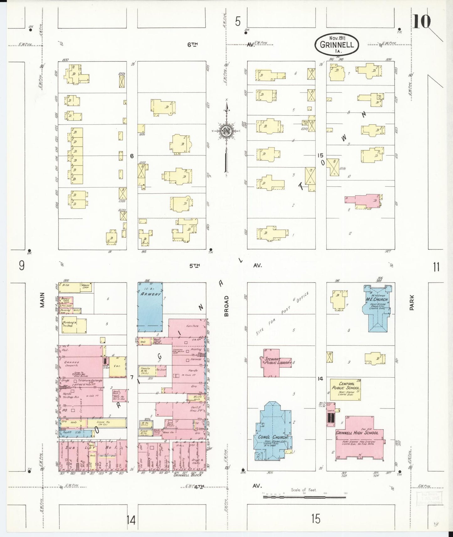 Sanborn Fire Insurance Map from Grinnell, Poweshiek County, Iowa (1911), Sheet #0010 - Historic Sanborn Fire Insurance Map Print, vintage old map wall art