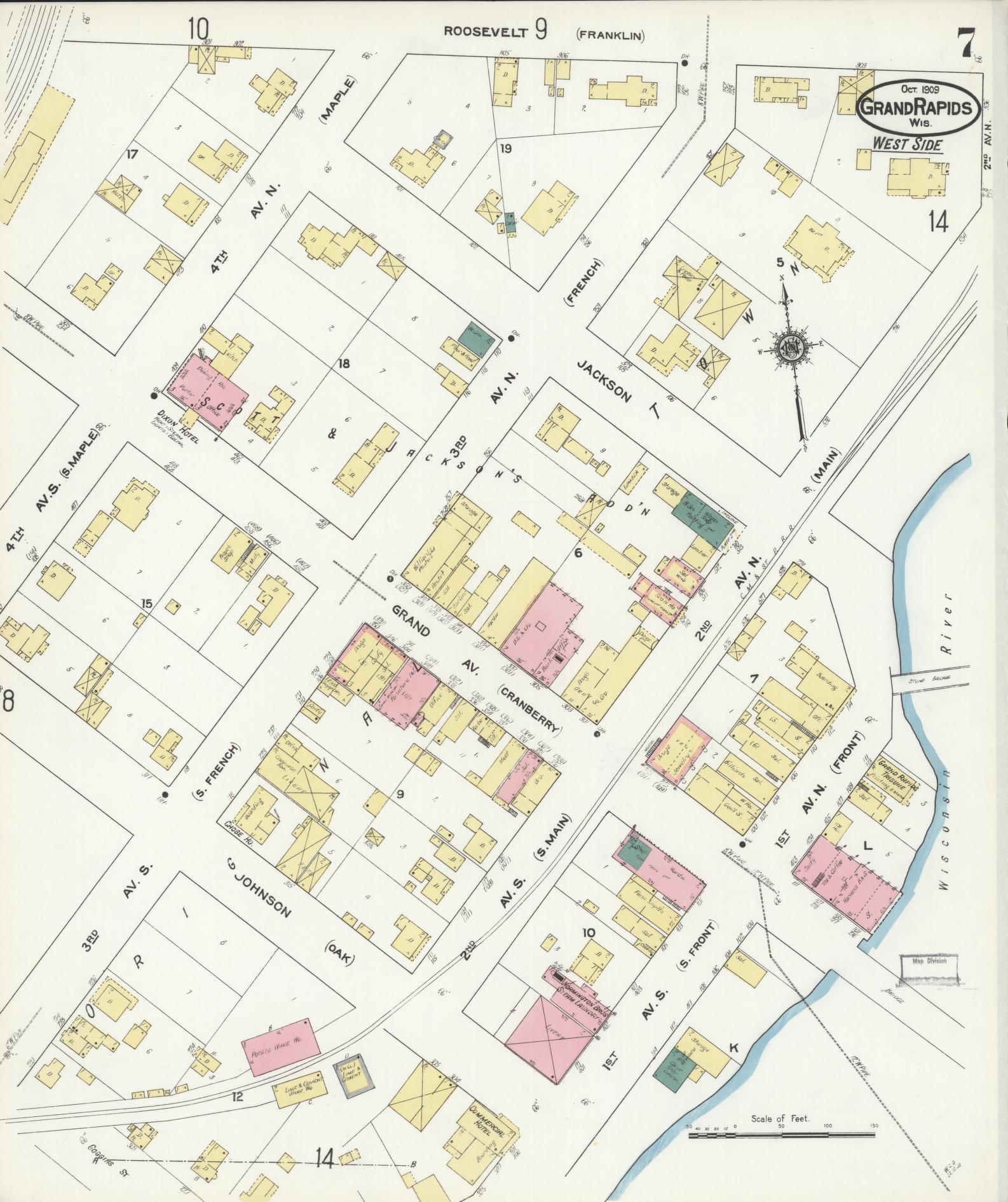 Sanborn Fire Insurance Map from Grand Rapids, Wood County, Wisconsin (1909), Sheet #0007 - Complete Map Set gallery image, historic Sanborn map, vintage wall art, Wisconsin Wisconsin