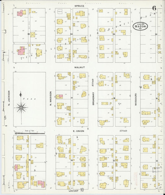 Sanborn Fire Insurance Map from Macon, Macon County, Missouri (1909), Sheet #0006 - Historic Sanborn Fire Insurance Map Print, vintage old map wall art, antique decor, genealogy gift, Missouri Missouri map