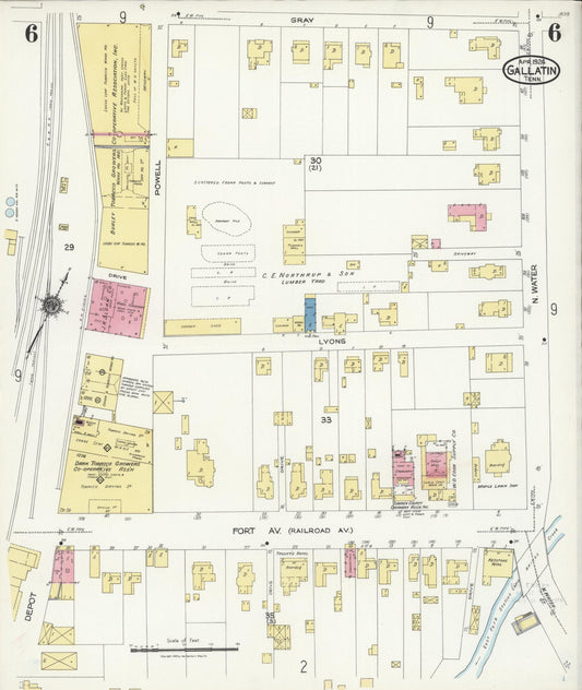 Sanborn Fire Insurance Map from Gallatin, Sumner County, Tennessee (1924), Sheet #0006 - Historic Sanborn Fire Insurance Map Print, vintage old map wall art, antique decor, genealogy gift, Tennessee Tennessee map
