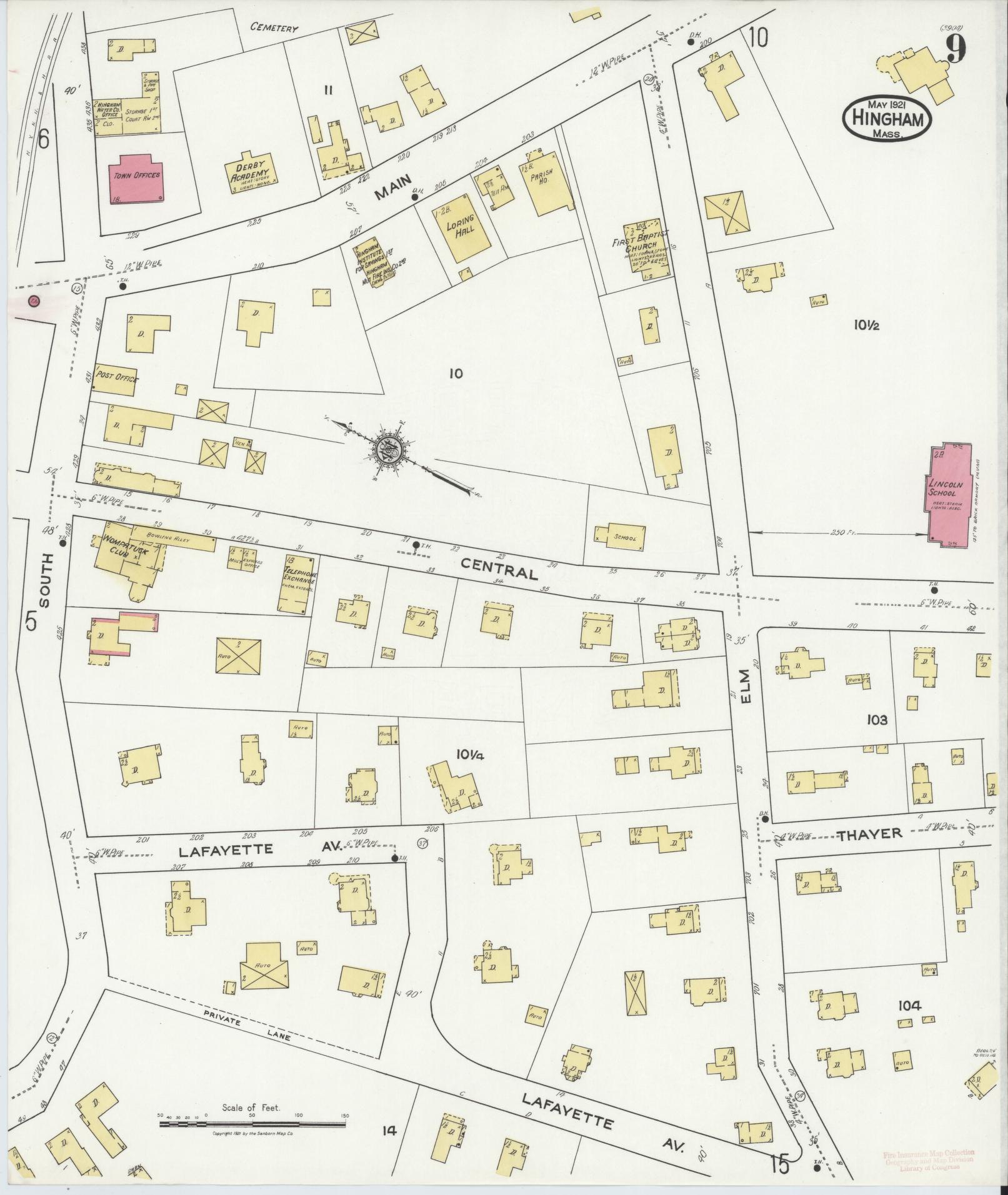 Sanborn Fire Insurance Map from Hingham, Plymouth County, Massachusetts (1921), Sheet #0009 - Complete Map Set gallery image, historic Sanborn map, vintage wall art, Massachusetts Massachusetts