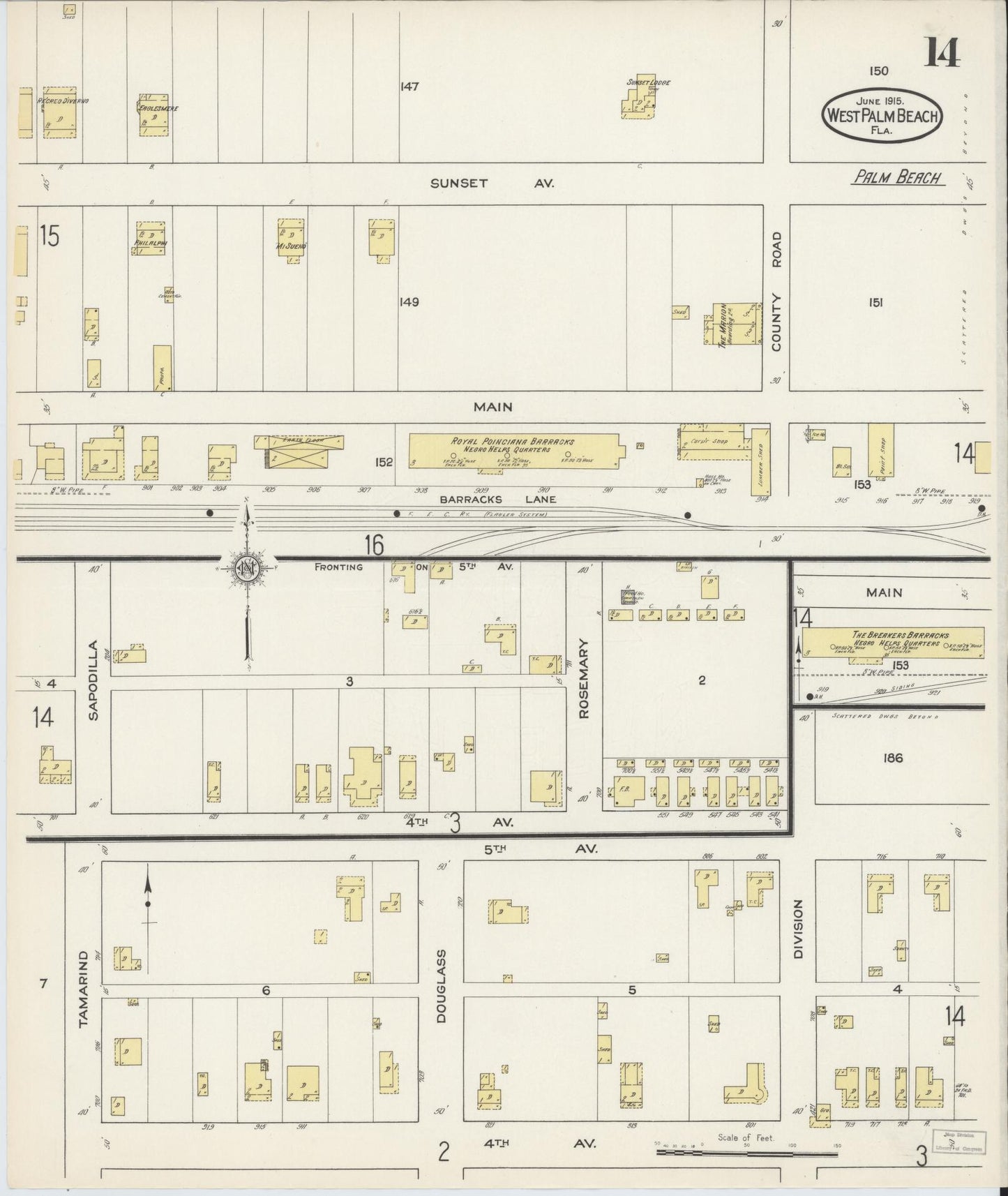 Sanborn Fire Insurance Map from West Palm Beach, Dade County, Florida (1915), Sheet #0014 - Historic Sanborn Fire Insurance Map Print, vintage old map wall art, antique decor, genealogy gift, Florida Florida map