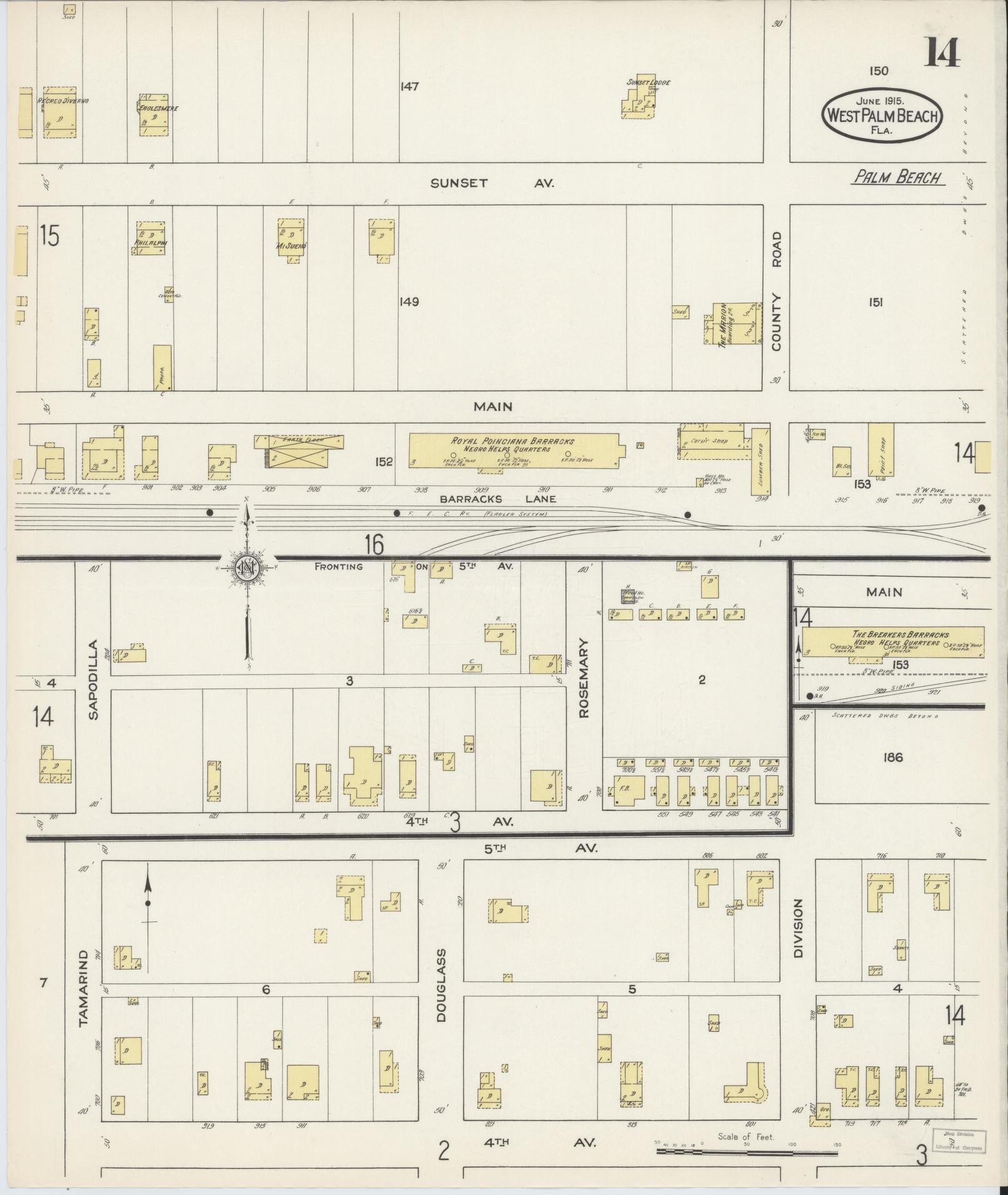 Sanborn Fire Insurance Map from West Palm Beach, Dade County, Florida (1915), Sheet #0014 - Historic Sanborn Fire Insurance Map Print, vintage old map wall art, antique decor, genealogy gift, Florida Florida map