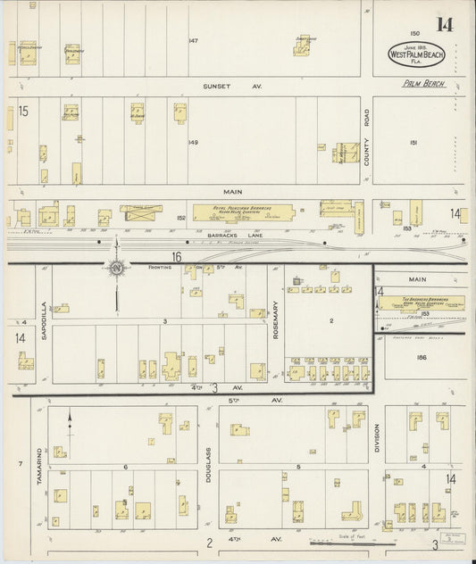Sanborn Fire Insurance Map from West Palm Beach, Dade County, Florida (1915), Sheet #0014 - Historic Sanborn Fire Insurance Map Print, vintage old map wall art, antique decor, genealogy gift, Florida Florida map