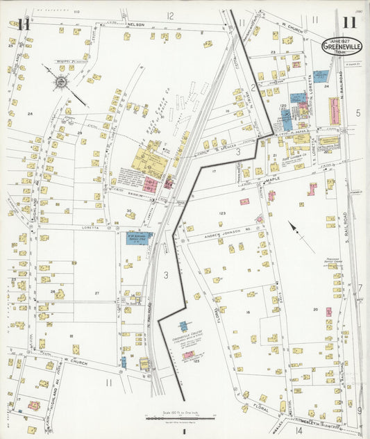 Sanborn Fire Insurance Map from Greeneville, Greene County, Tennessee (1927), Sheet #0011 - Historic Sanborn Fire Insurance Map Print, vintage old map wall art, antique decor, genealogy gift, Tennessee Tennessee map