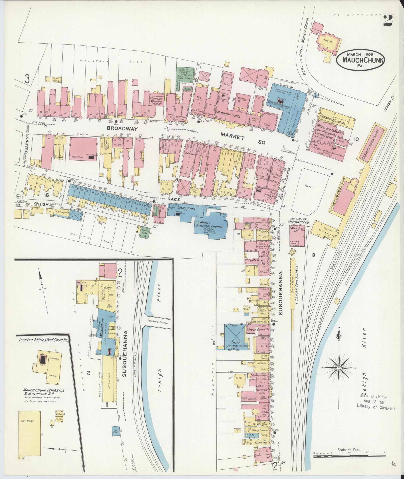 Sanborn Fire Insurance Map from Mauch Chunk, Carbon County, Pennsylvania (1908), Sheet #0002 - Historic Sanborn Fire Insurance Map Print, vintage old map wall art, antique decor, genealogy gift, Pennsylvania Pennsylvania map