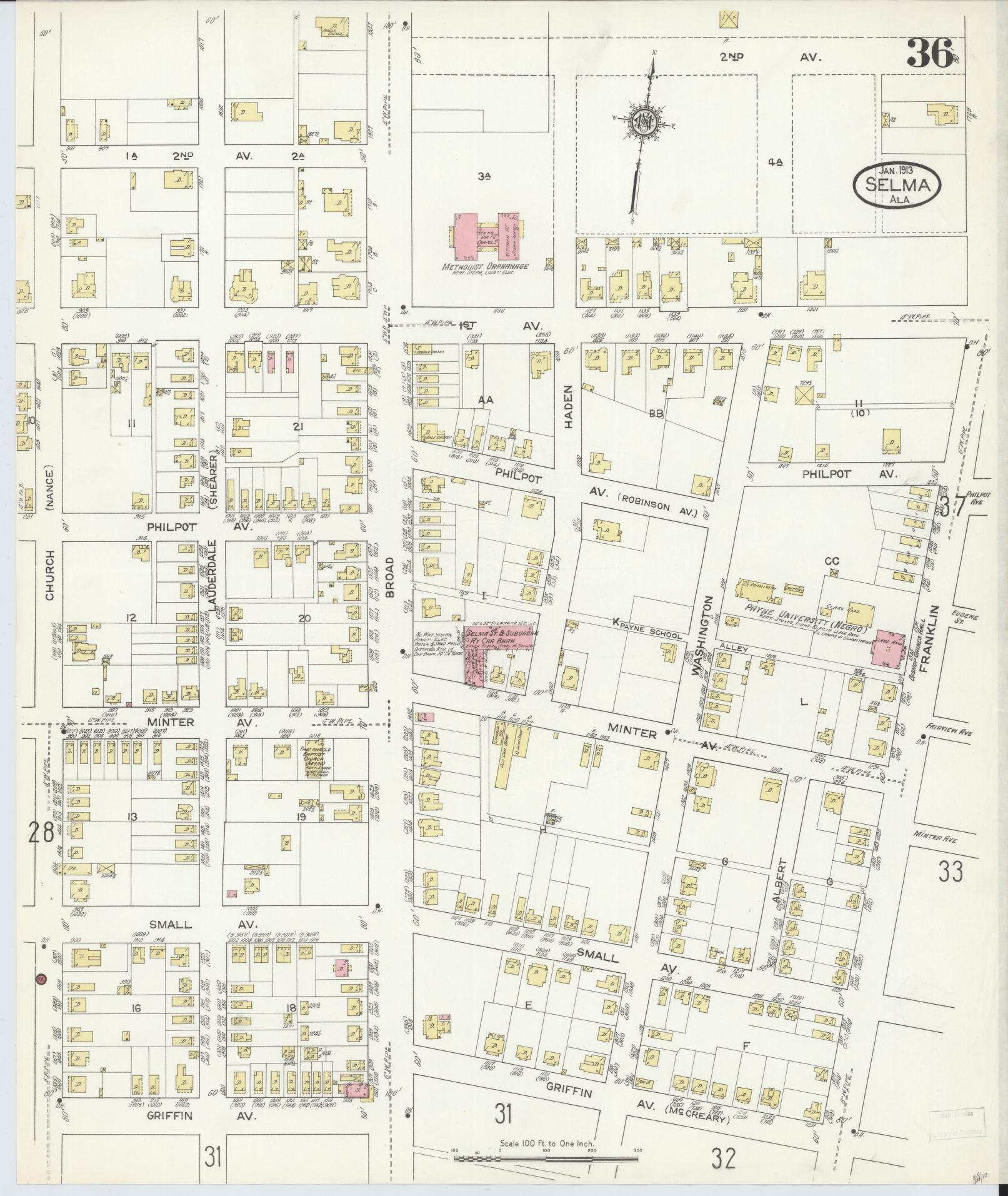 Sanborn Fire Insurance Map from Selma, Dallas County, Alabama (1913), Sheet #0036 - Historic Sanborn Fire Insurance Map Print, vintage old map wall art, antique decor, genealogy gift, Alabama Alabama map