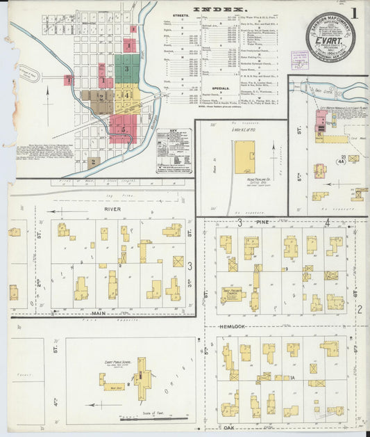 Sanborn Fire Insurance Map from Evart, Osceola County, Michigan (1904), Sheet #0001 - Complete Map Set gallery image, historic Sanborn map, vintage wall art, Michigan Michigan