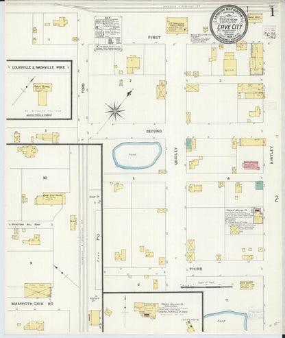 Sanborn Fire Insurance Map from Cave City, Barren County, Kentucky (1909), Sheet #0001 - Complete Map Set gallery image, historic Sanborn map, vintage wall art, Kentucky Kentucky
