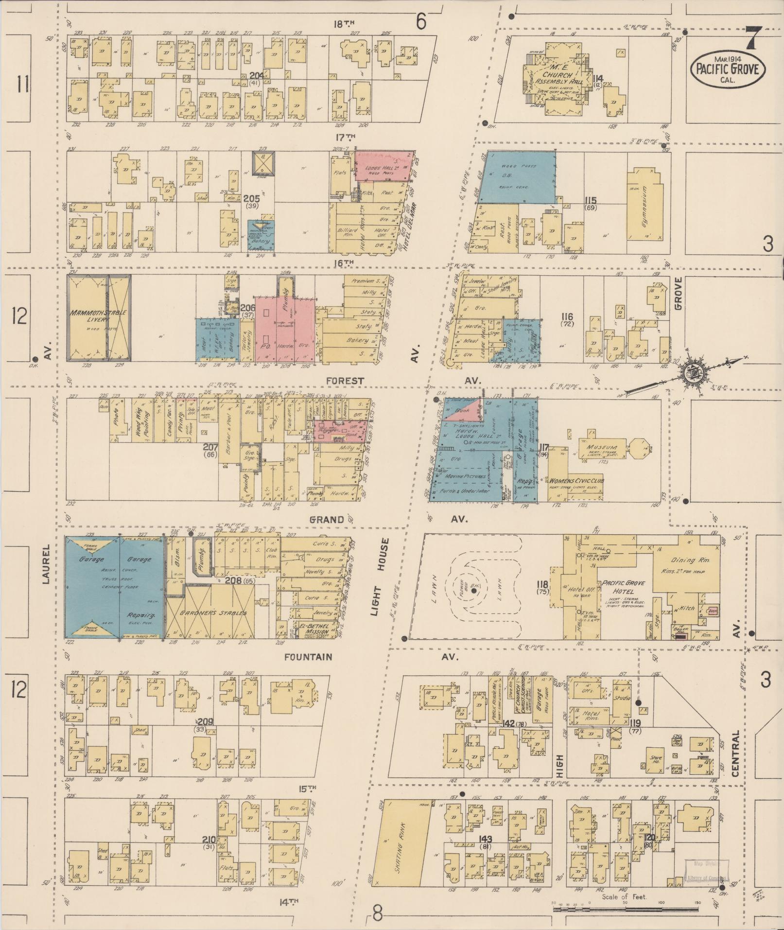 Sanborn Fire Insurance Map from Pacific Grove, Monterey County, California (1914), Sheet #0007 - Complete Map Set gallery image, historic Sanborn map, vintage wall art, California California