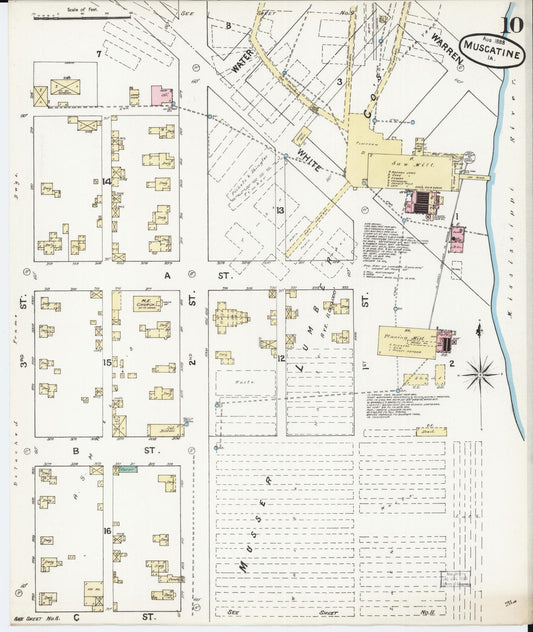 Sanborn Fire Insurance Map from Muscatine, Muscatine County, Iowa (1888), Sheet #0010 - Historic Sanborn Fire Insurance Map Print, vintage old map wall art