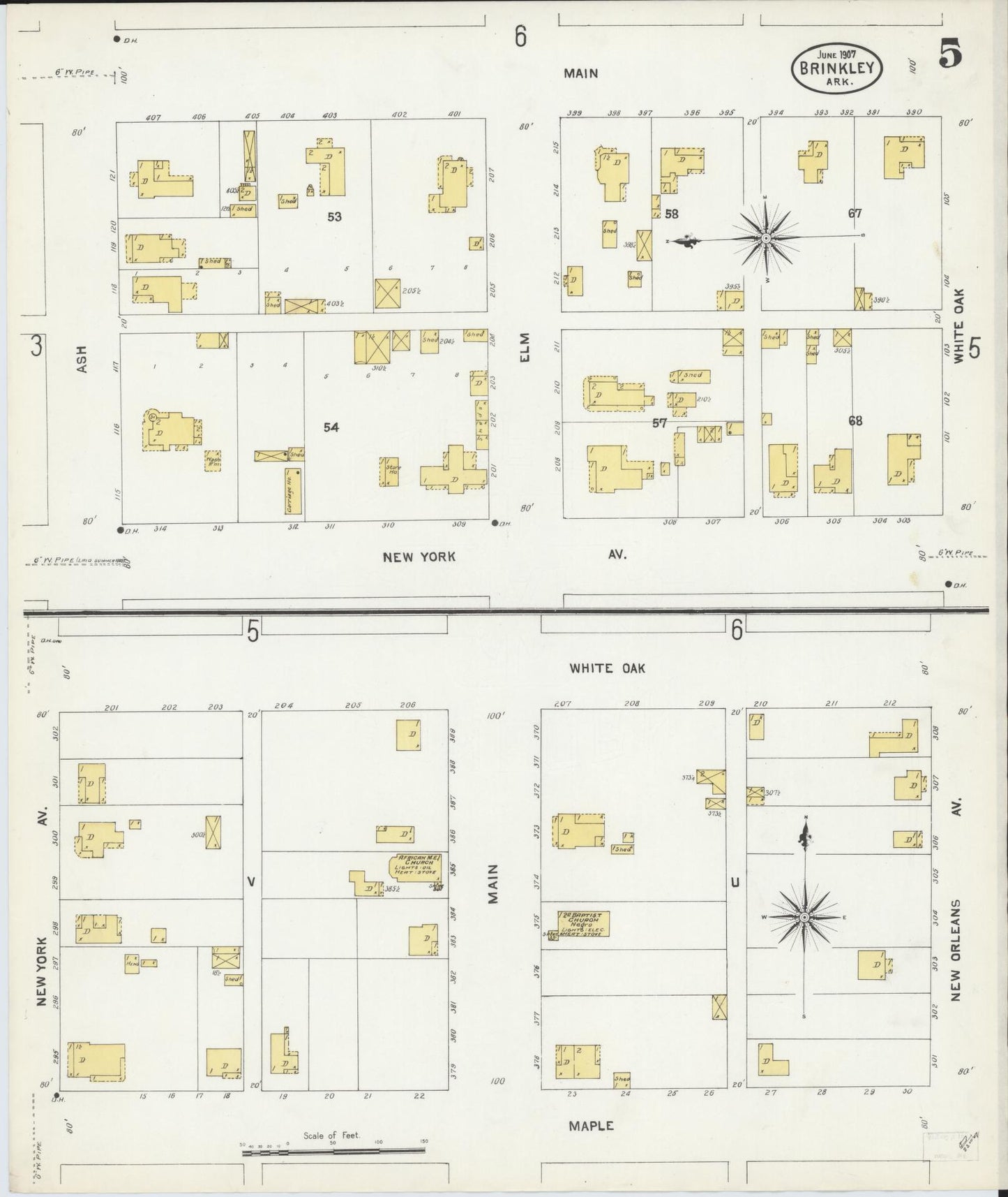 Sanborn Fire Insurance Map from Brinkley, Monroe County, Arkansas (1907), Sheet #0005 - Complete Map Set gallery image, historic Sanborn map, vintage wall art, Arkansas Arkansas