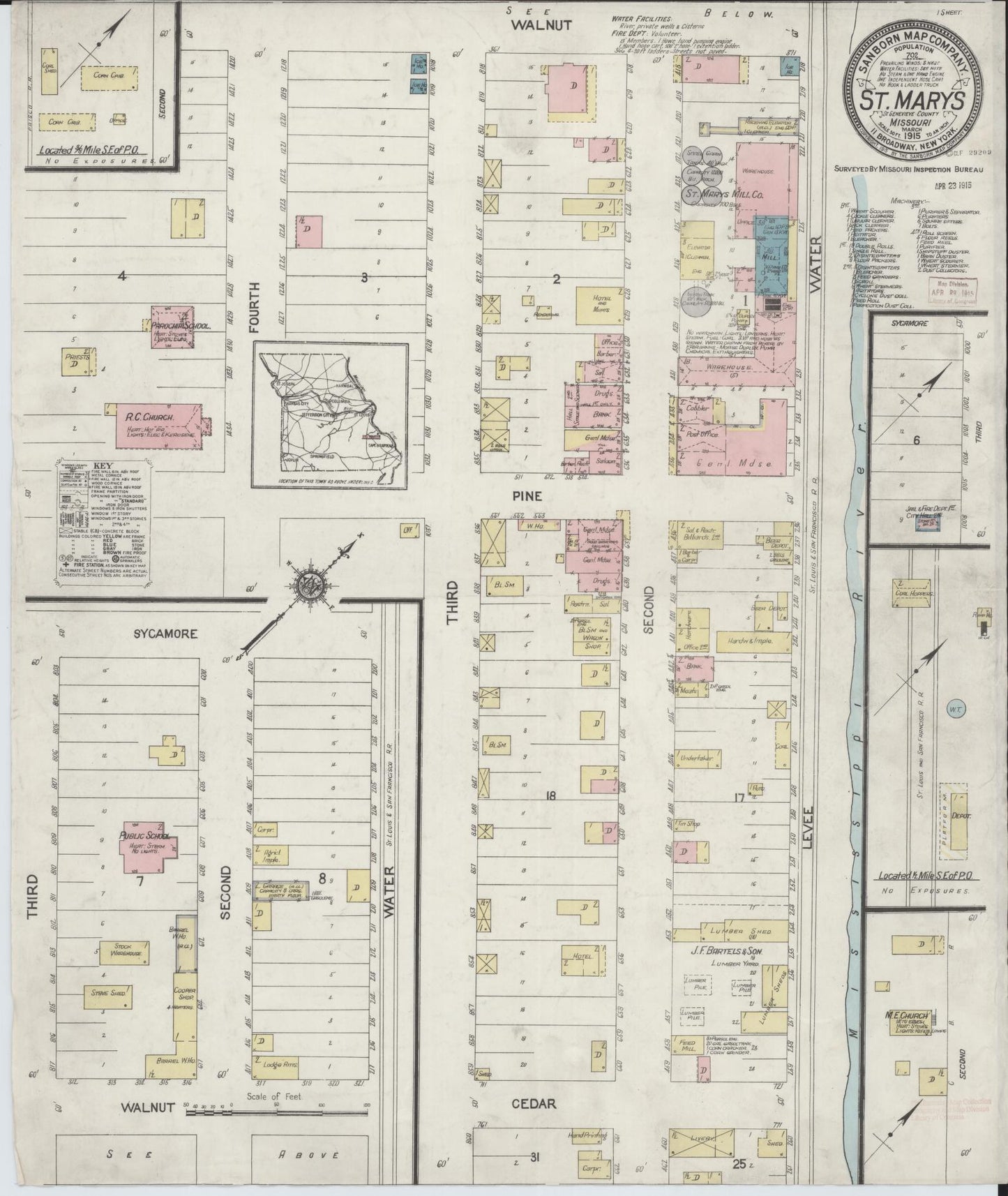 Sanborn Fire Insurance Map from Saint Marys, Saint Genevieve County, Missouri (1915), Sheet #0001 - Historic Sanborn Fire Insurance Map Print, vintage old map wall art, antique decor, genealogy gift, Missouri Missouri map
