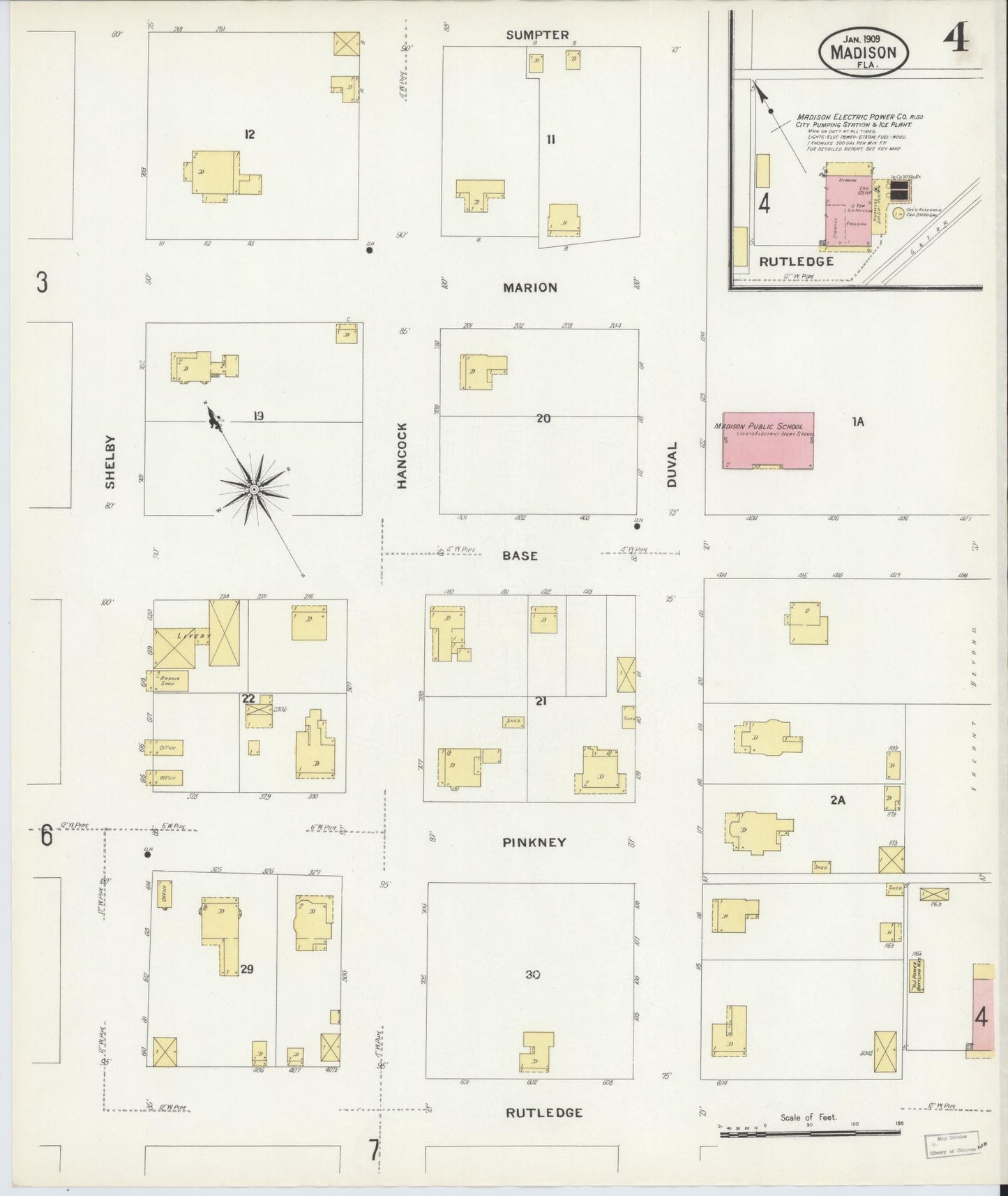 Sanborn Fire Insurance Map from Madison, Madison County, Florida (1909), Sheet #0004 - Historic Sanborn Fire Insurance Map Print, vintage old map wall art, antique decor, genealogy gift, Florida Florida map