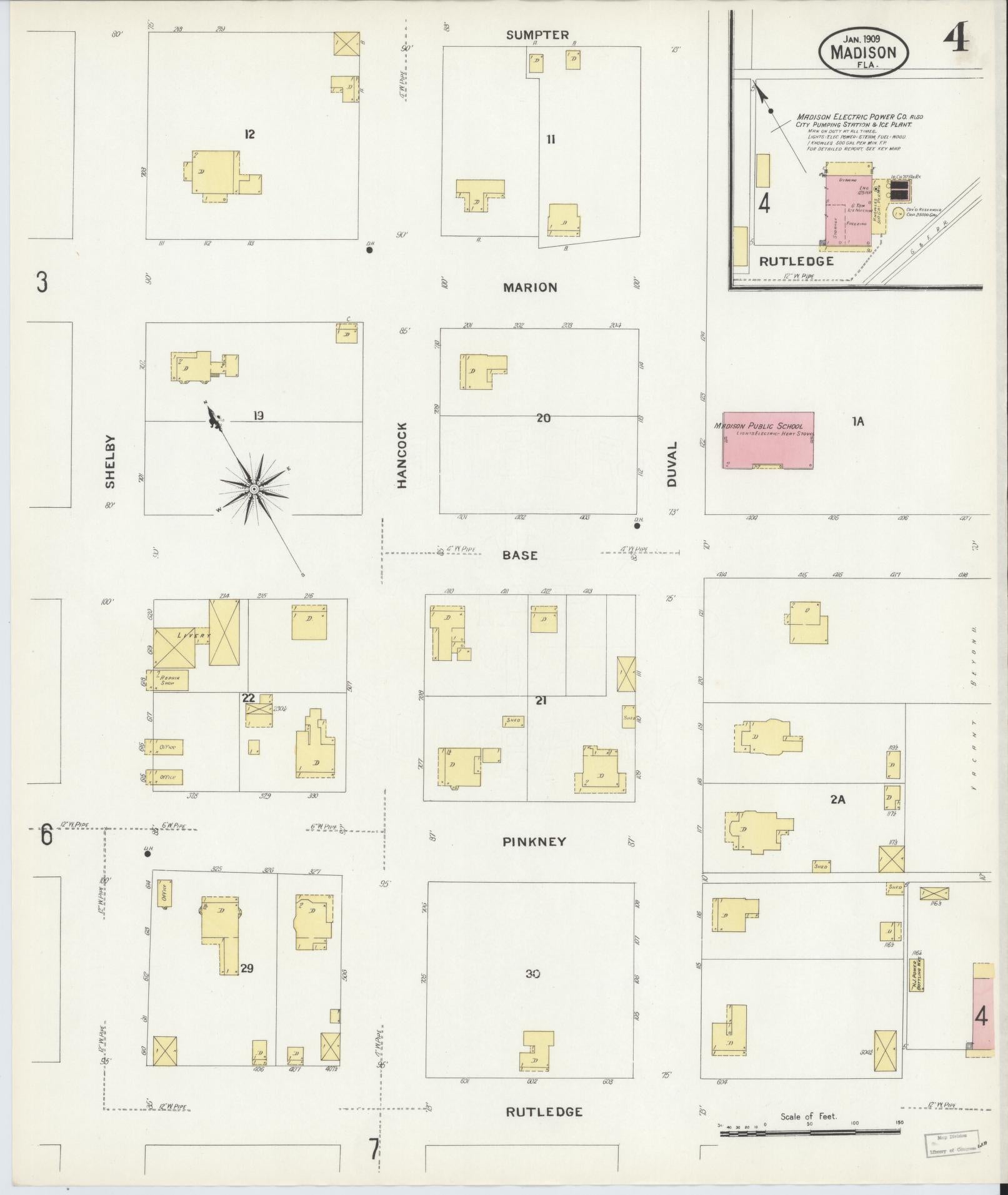 Sanborn Fire Insurance Map from Madison, Madison County, Florida (1909), Sheet #0004 - Historic Sanborn Fire Insurance Map Print, vintage old map wall art, antique decor, genealogy gift, Florida Florida map