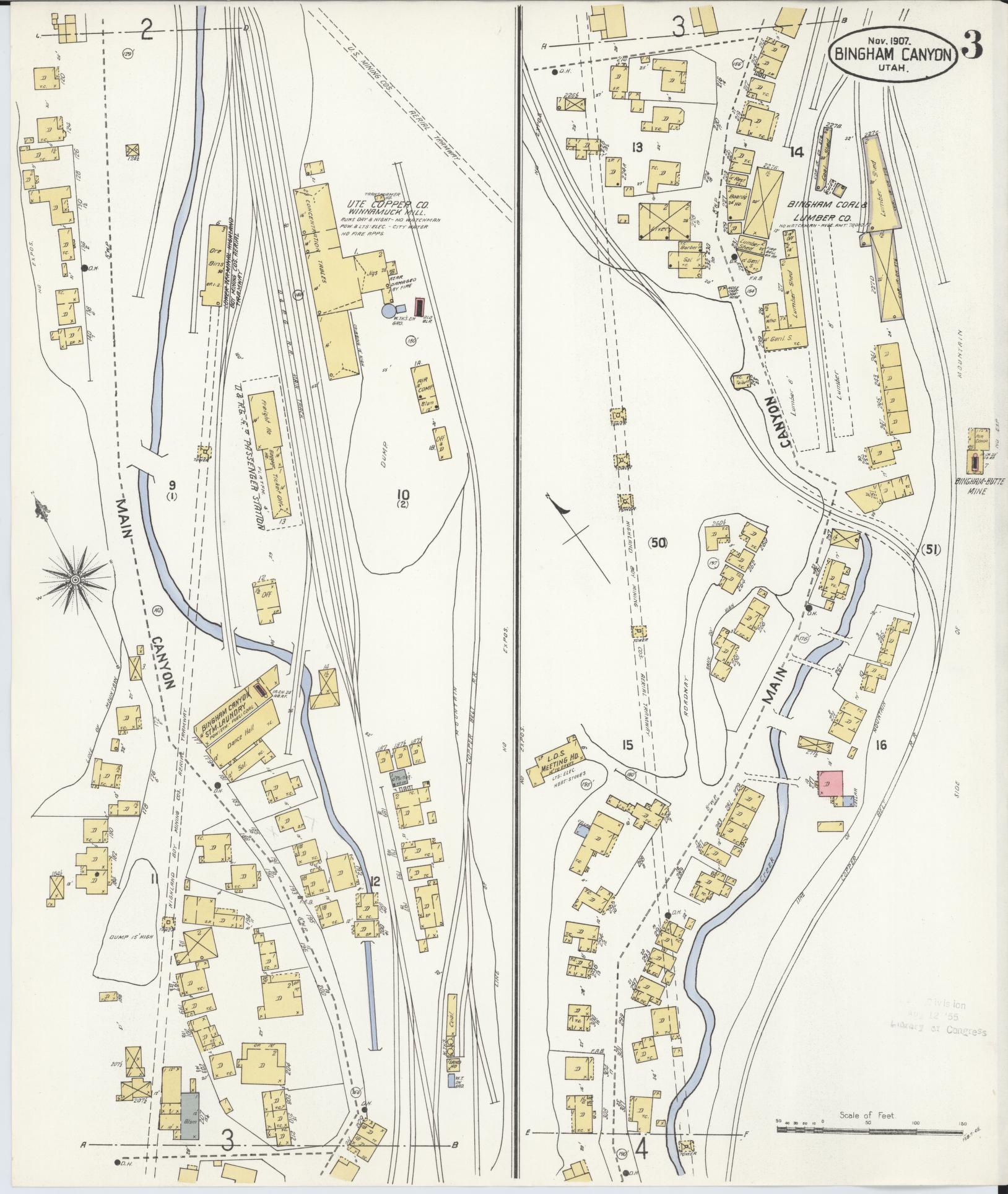 Sanborn Fire Insurance Map from Bingham Canyon, Salt Lake County, Utah (1907), Sheet #0003 - Complete Map Set gallery image, historic Sanborn map, vintage wall art, Utah Utah