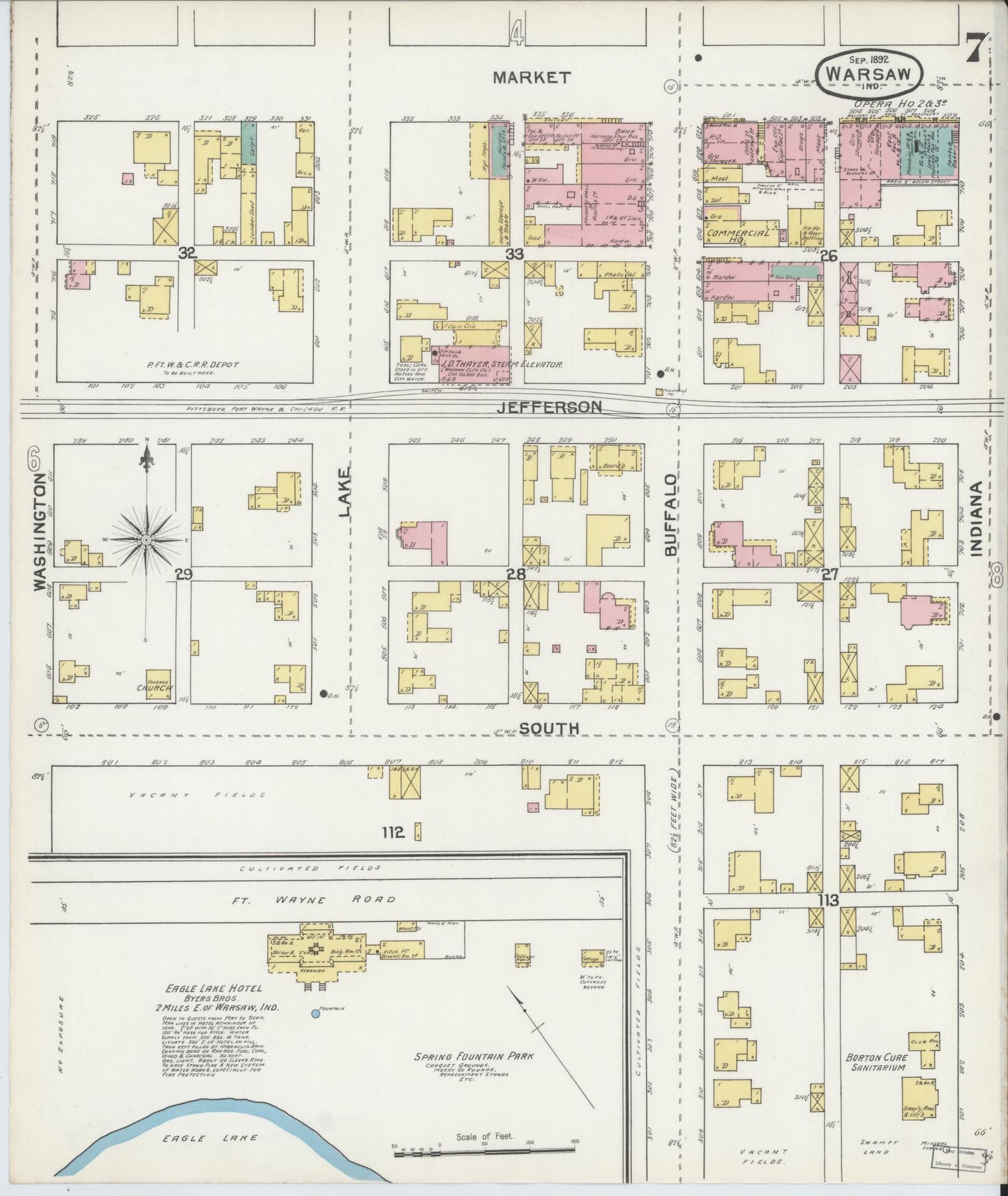 Sanborn Fire Insurance Map from Warsaw, Kosciusko County, Indiana (1892), Sheet #0007 - Historic Sanborn Fire Insurance Map Print, vintage old map wall art, antique decor, genealogy gift, Indiana Indiana map