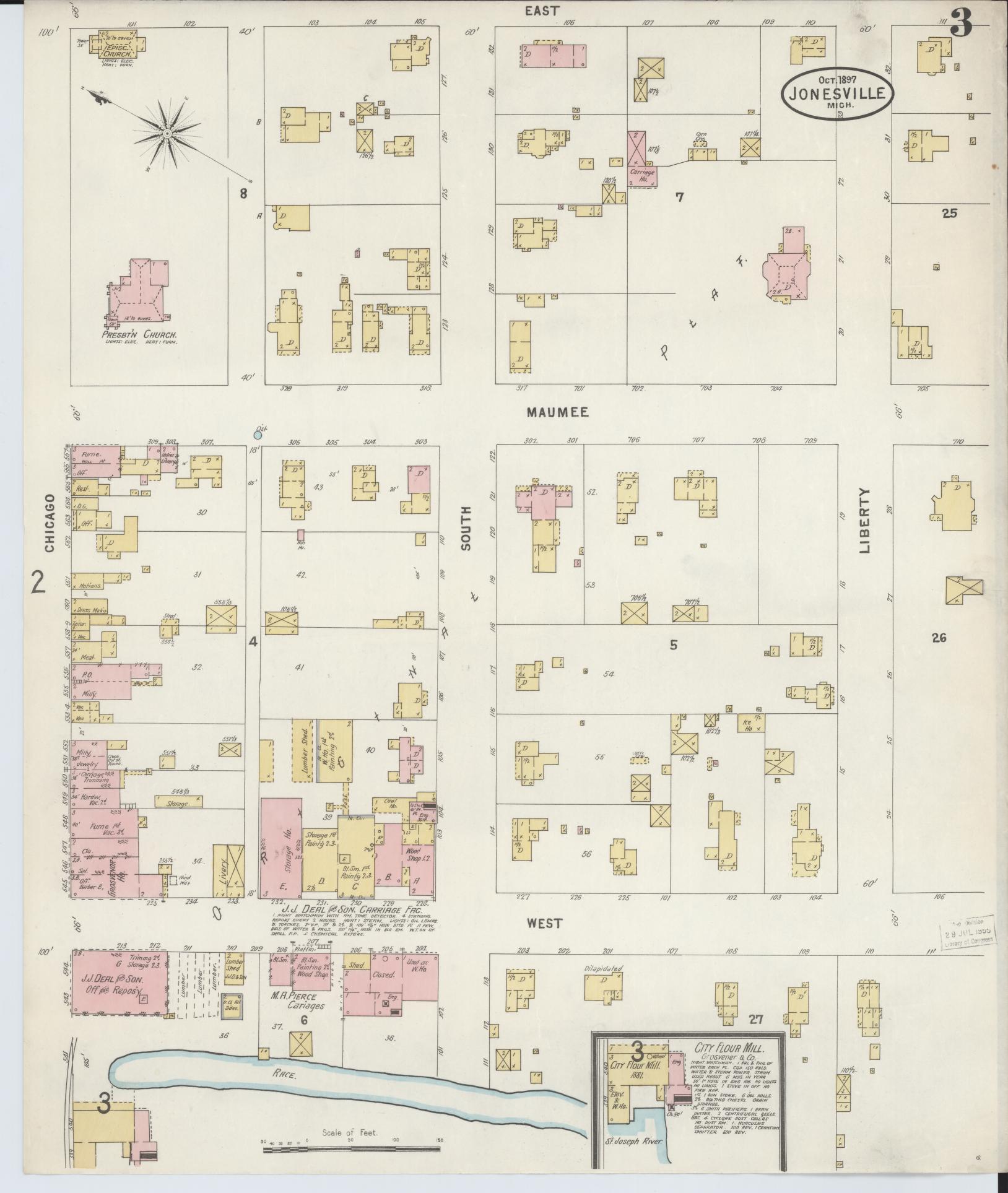 Sanborn Fire Insurance Map from Jonesville, Hillsdale County, Michigan (1897), Sheet #0003 - Complete Map Set gallery image, historic Sanborn map, vintage wall art, Michigan Michigan