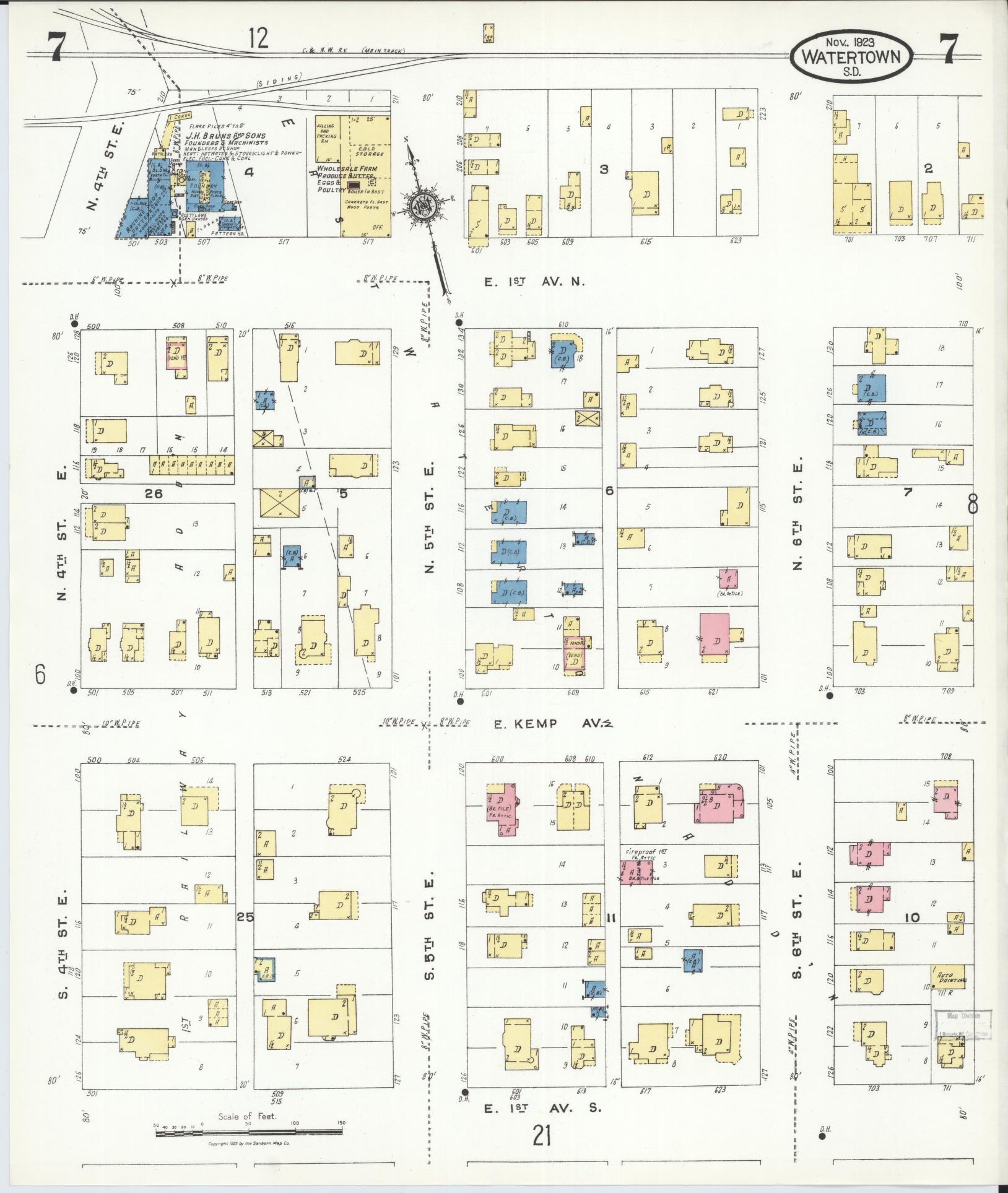 Sanborn Fire Insurance Map from Watertown, Codington County, South Dakota (1923), Sheet #0007 - Complete Map Set gallery image, historic Sanborn map, vintage wall art, South Dakota South Dakota