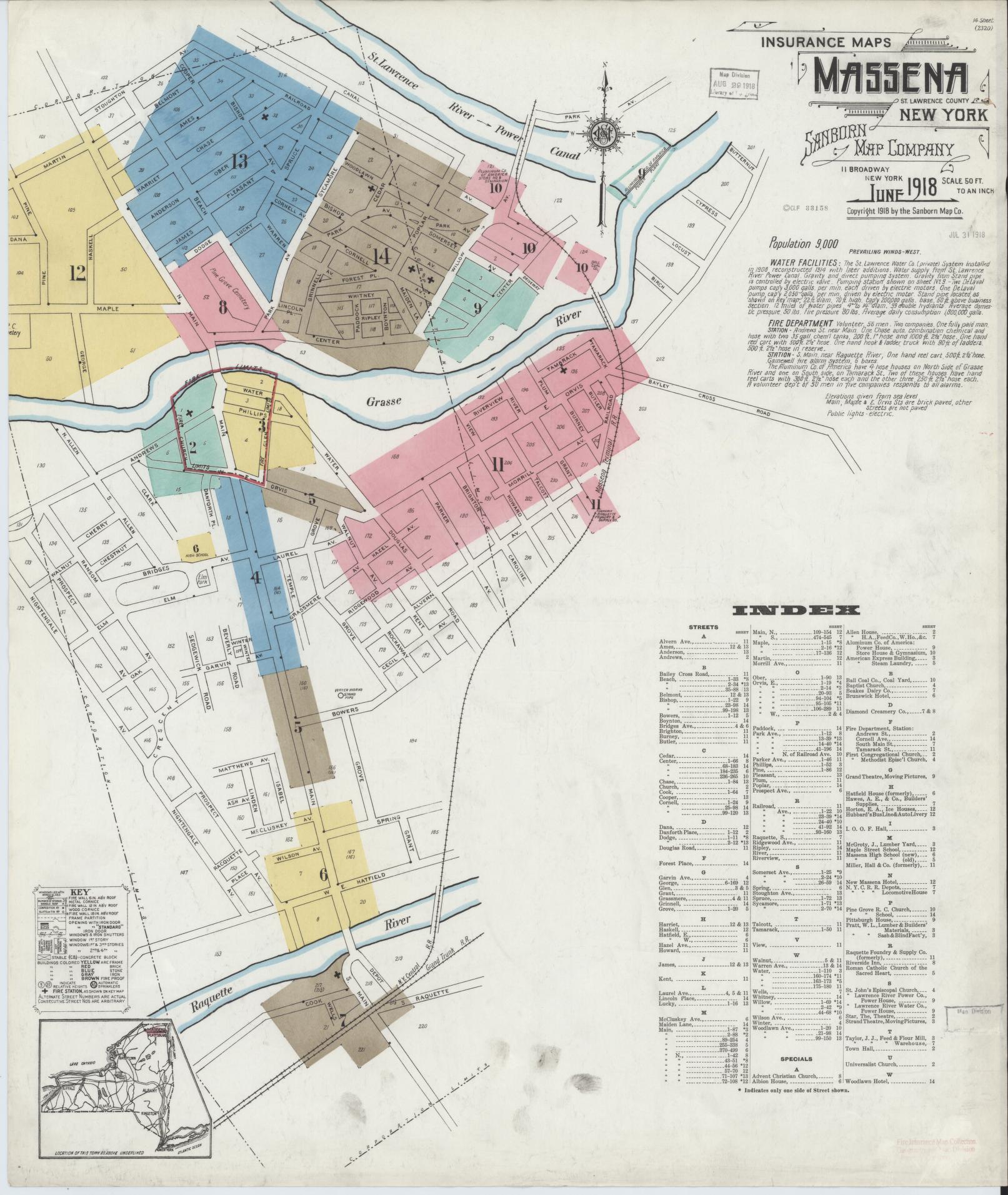 Sanborn Fire Insurance Map from Massena, St. Lawrence County, New York. (1918) – Historic Sanborn Fire Insurance Map Print