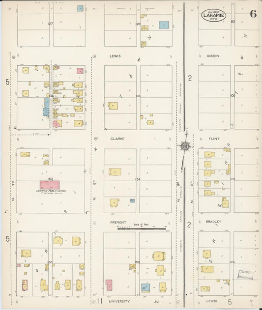 Sanborn Fire Insurance Map from Laramie, Albany County, Wyoming (1912), Sheet #0006 - Historic Sanborn Fire Insurance Map Print, vintage old map wall art, antique decor, genealogy gift, Wyoming Wyoming map