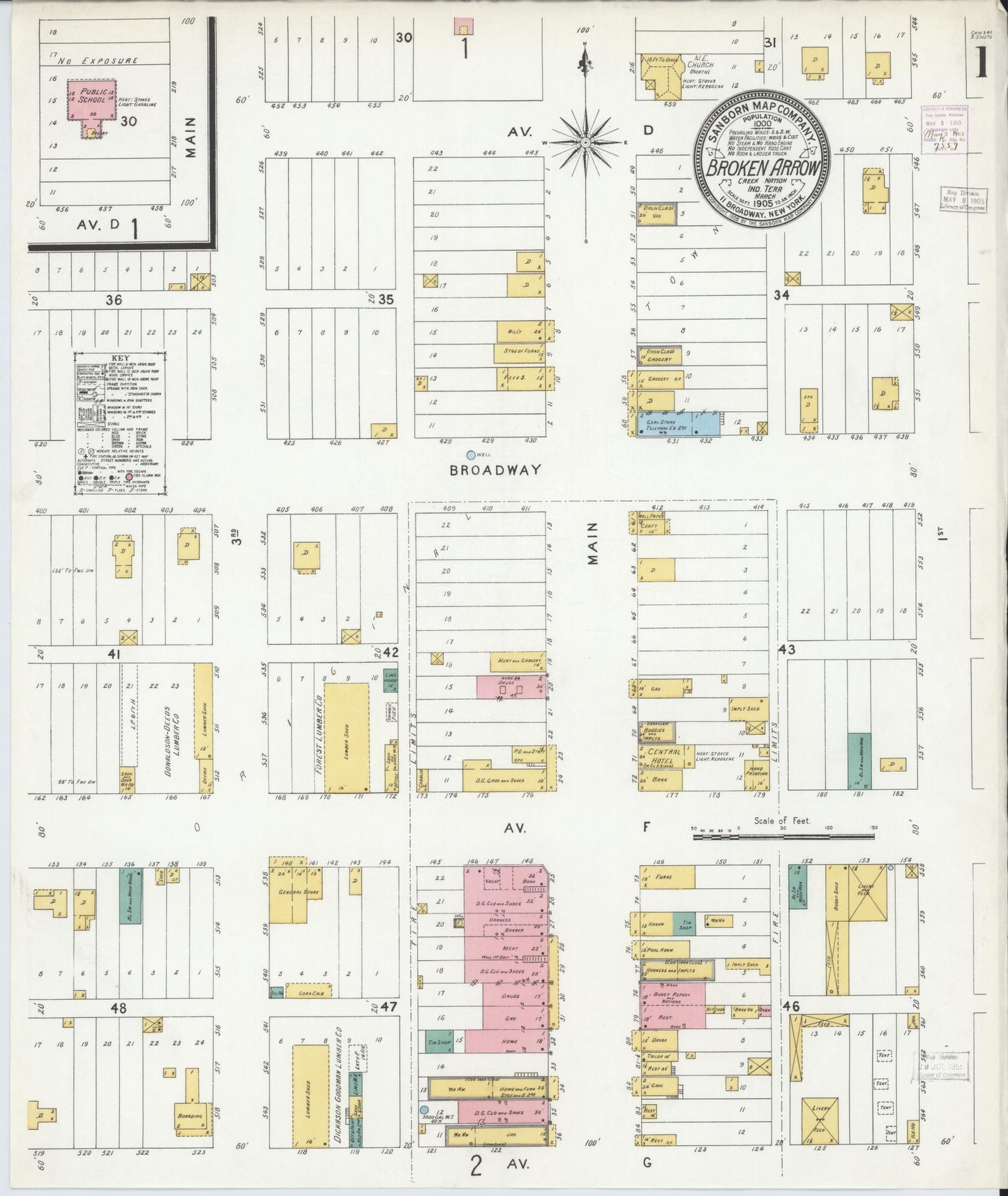 Sanborn Fire Insurance Map from Broken Arrow, Tulsa County, Oklahoma (1905), Sheet #0001 - Complete Map Set gallery image, historic Sanborn map, vintage wall art, Oklahoma Oklahoma