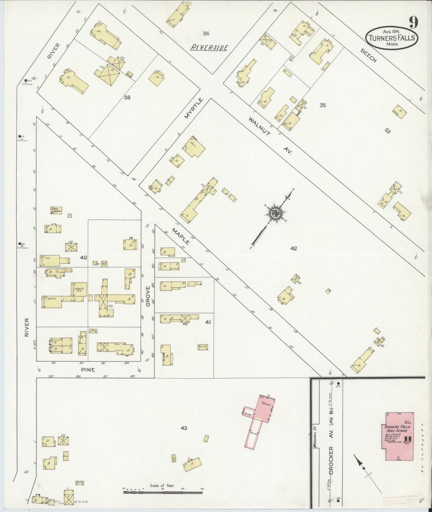 Sanborn Fire Insurance Map from Turners Falls, Franklin County, Massachusetts (1914), Sheet #0009 - Historic Sanborn Fire Insurance Map Print, vintage old map wall art, antique decor, genealogy gift, Massachusetts Massachusetts map