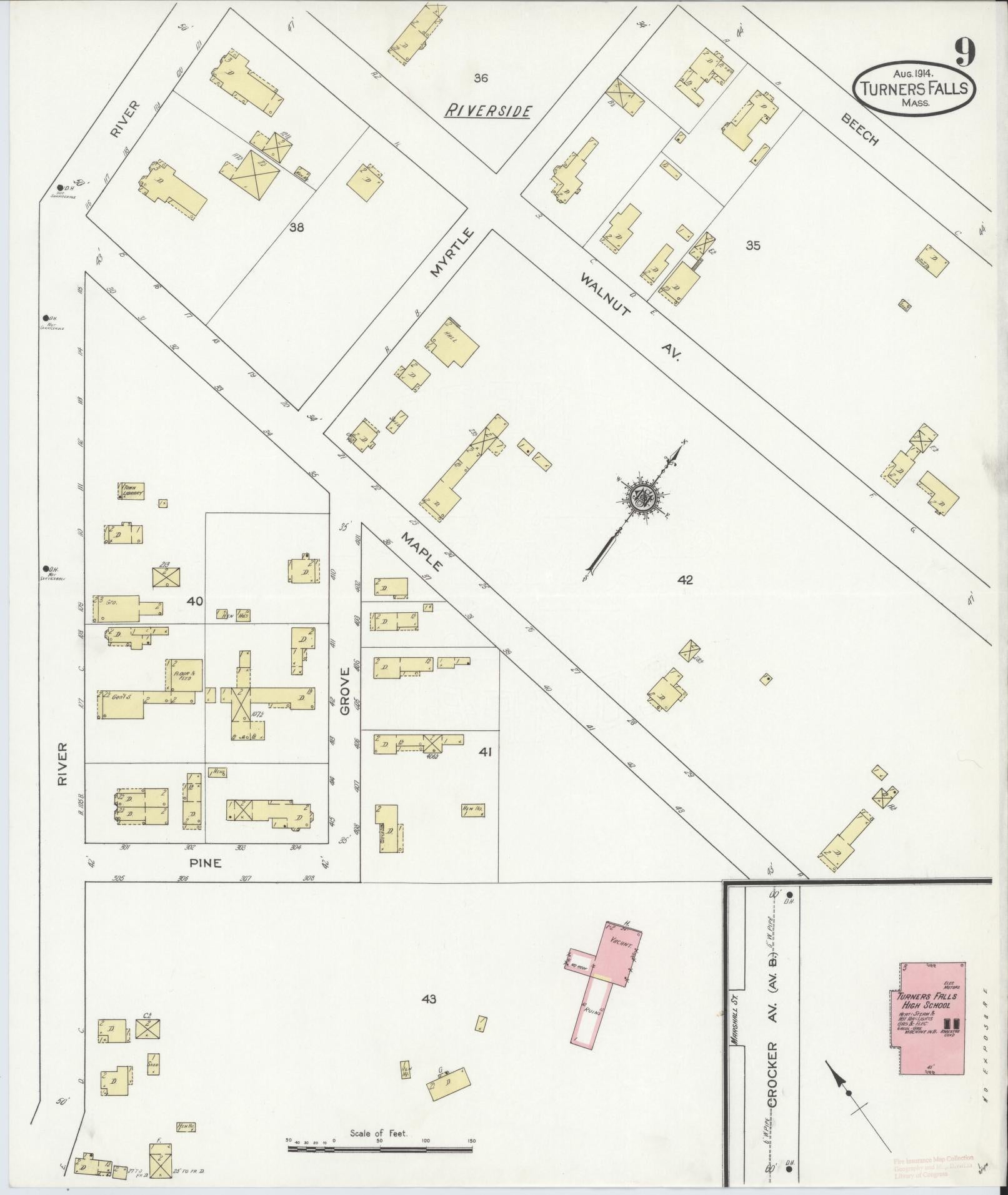 Sanborn Fire Insurance Map from Turners Falls, Franklin County, Massachusetts (1914), Sheet #0009 - Historic Sanborn Fire Insurance Map Print, vintage old map wall art, antique decor, genealogy gift, Massachusetts Massachusetts map