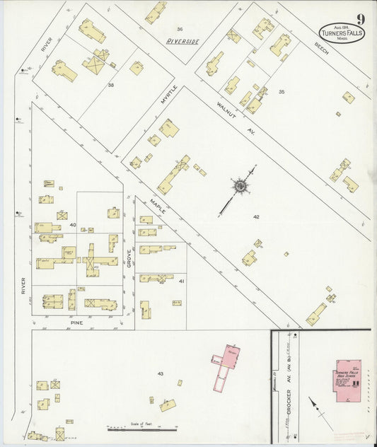 Sanborn Fire Insurance Map from Turners Falls, Franklin County, Massachusetts (1914), Sheet #0009 - Historic Sanborn Fire Insurance Map Print, vintage old map wall art, antique decor, genealogy gift, Massachusetts Massachusetts map