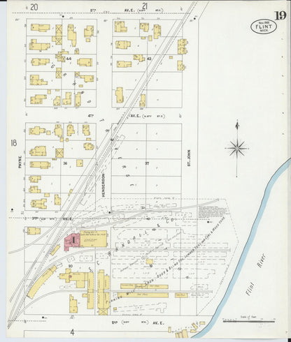 Sanborn Fire Insurance Map from Flint, Genesee County, Michigan (1902), Sheet #0019 - Historic Sanborn Fire Insurance Map Print, vintage old map wall art, antique decor, genealogy gift, Michigan Michigan map