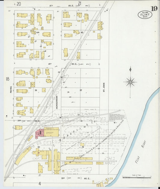 Sanborn Fire Insurance Map from Flint, Genesee County, Michigan (1902), Sheet #0019 - Historic Sanborn Fire Insurance Map Print, vintage old map wall art, antique decor, genealogy gift, Michigan Michigan map