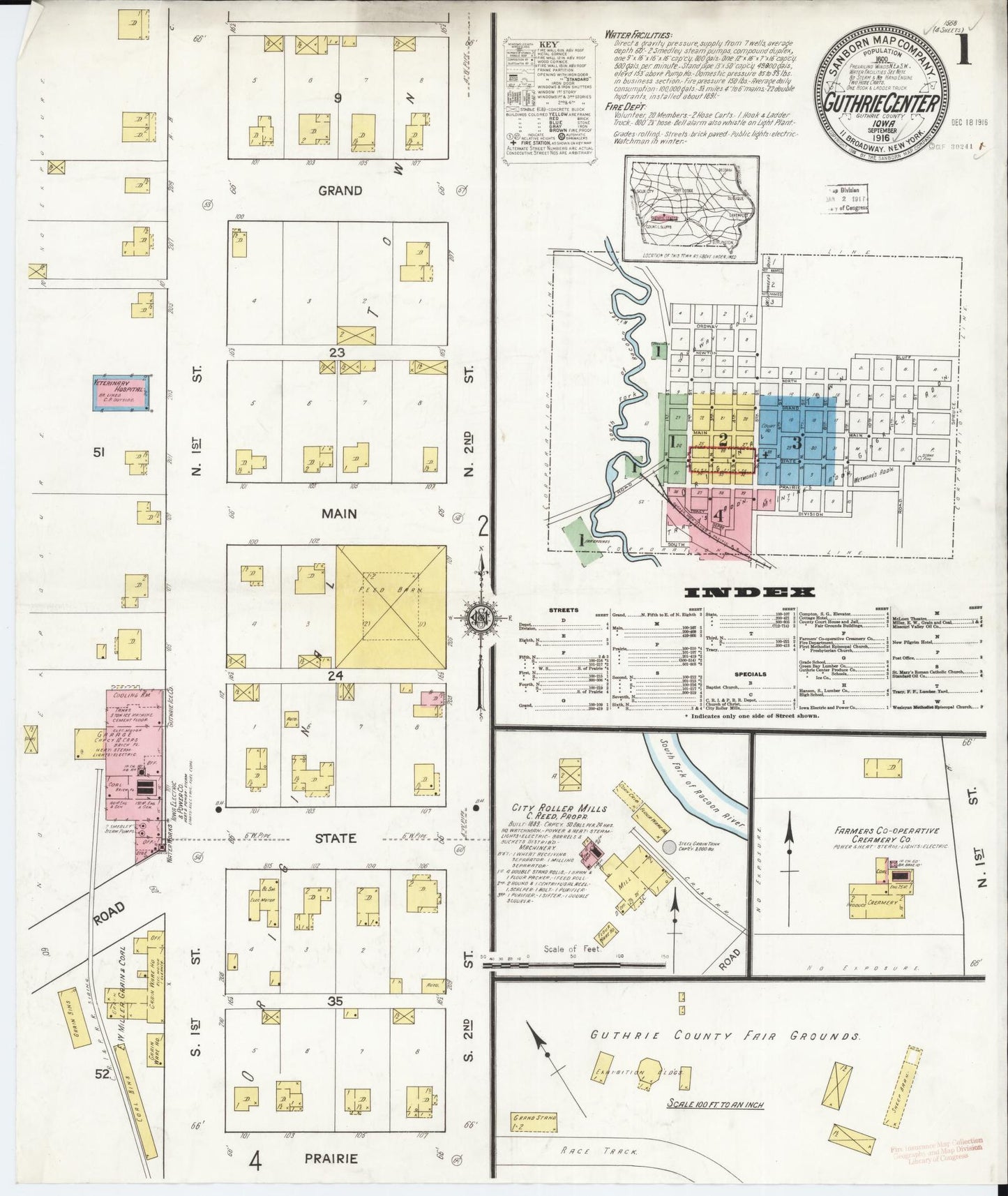 Sanborn Fire Insurance Map from Guthrie Center, Guthrie County, Iowa (1916), Sheet #0001 - Historic Sanborn Fire Insurance Map Print, vintage old map wall art