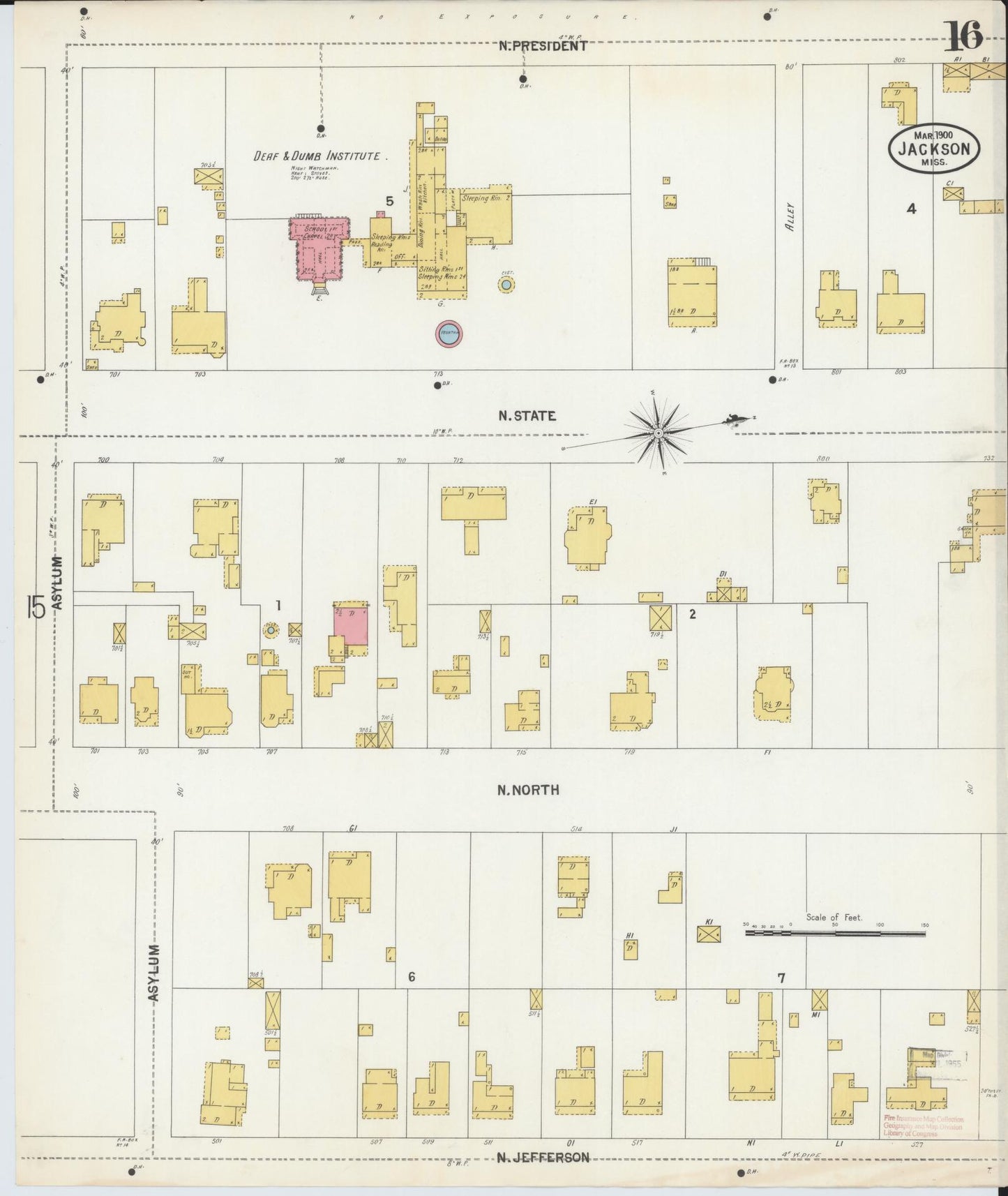 Sanborn Fire Insurance Map from Jackson, Hinds County, Mississippi (1900), Sheet #0016 - Complete Map Set gallery image, historic Sanborn map, vintage wall art, Mississippi Mississippi