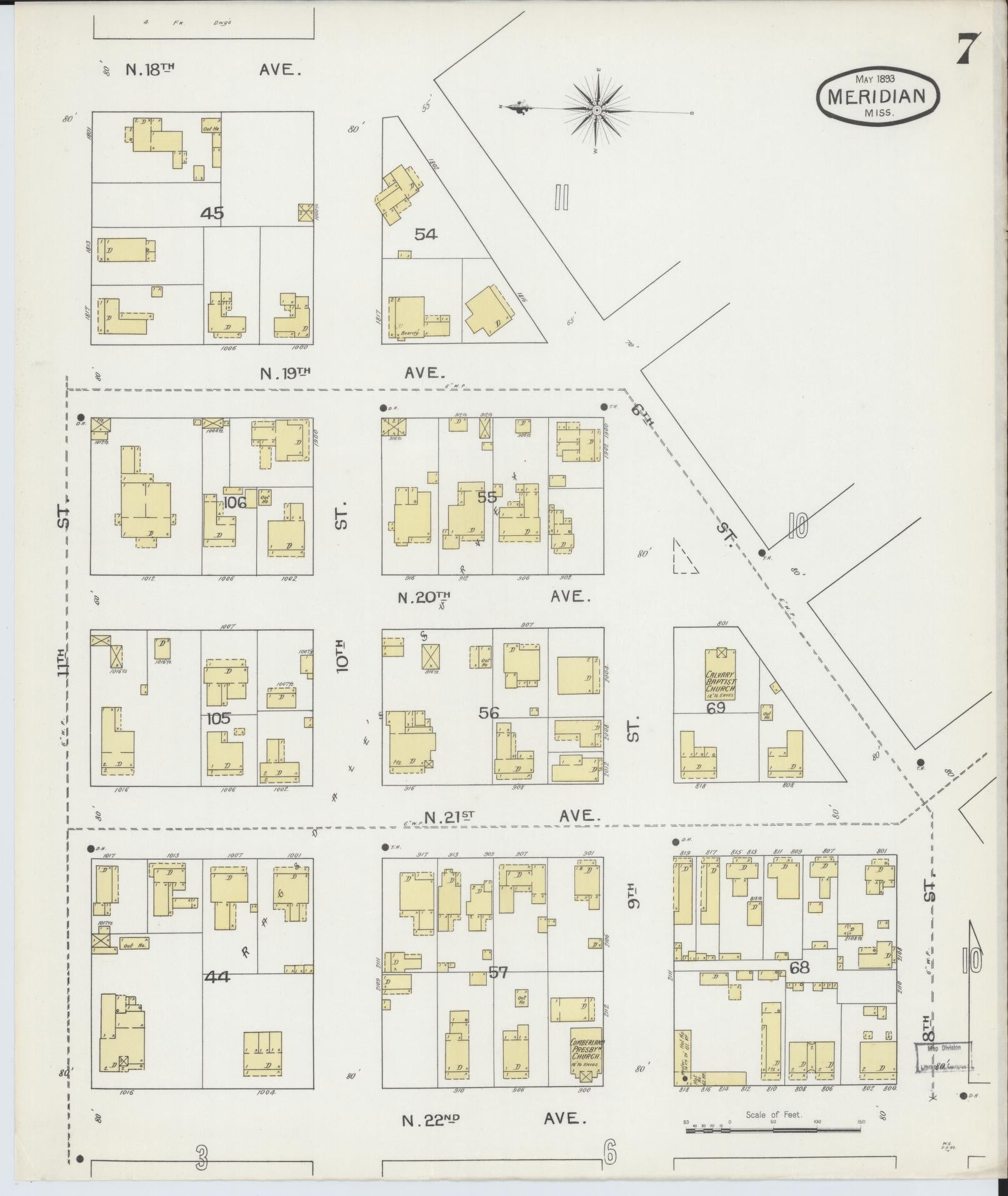 Sanborn Fire Insurance Map from Meridian, Lauderdale County, Mississippi (1893), Sheet #0007 - Complete Map Set gallery image, historic Sanborn map, vintage wall art, Mississippi Mississippi