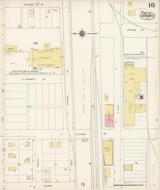 Sanborn Fire Insurance Map from Ontario, San Bernardino County, California (1912), Sheet #0016 - Historic Sanborn Fire Insurance Map Print, vintage old map wall art, antique decor, genealogy gift, California California map