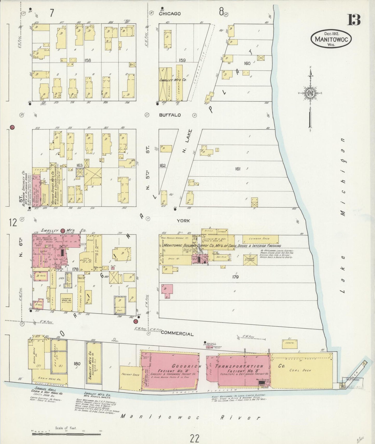 Sanborn Fire Insurance Map from Manitowoc, Manitowoc County, Wisconsin (1912), Sheet #0013 - Historic Sanborn Fire Insurance Map Print, vintage old map wall art, antique decor, genealogy gift, Wisconsin Wisconsin map