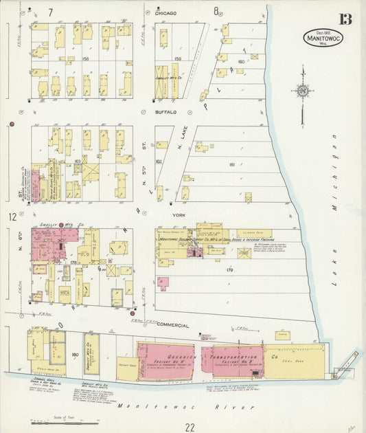 Sanborn Fire Insurance Map from Manitowoc, Manitowoc County, Wisconsin (1912), Sheet #0013 - Historic Sanborn Fire Insurance Map Print, vintage old map wall art, antique decor, genealogy gift, Wisconsin Wisconsin map