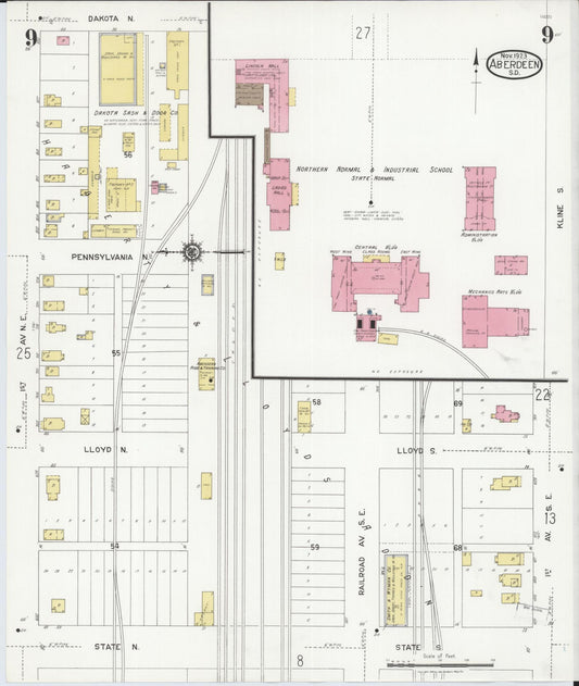 Sanborn Fire Insurance Map from Aberdeen, Brown County, South Dakota (1923), Sheet #0009 - Historic Sanborn Fire Insurance Map Print, vintage old map wall art, antique decor, genealogy gift, South Dakota South Dakota map