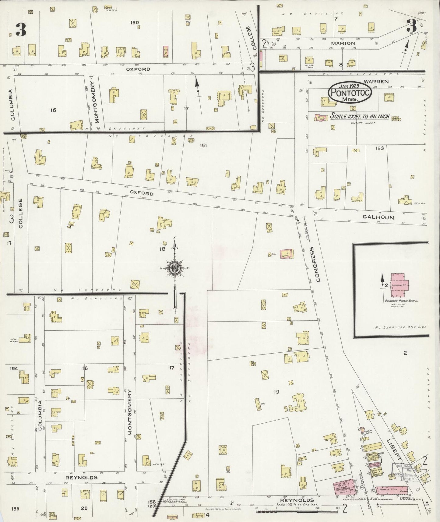 Sanborn Fire Insurance Map from Pontotoc, Pontotoc County, Mississippi (1925), Sheet #0003 - Complete Map Set gallery image, historic Sanborn map, vintage wall art, Mississippi Mississippi